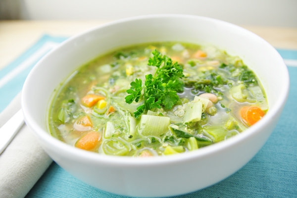 Spring Vegetable soup with basil pesto